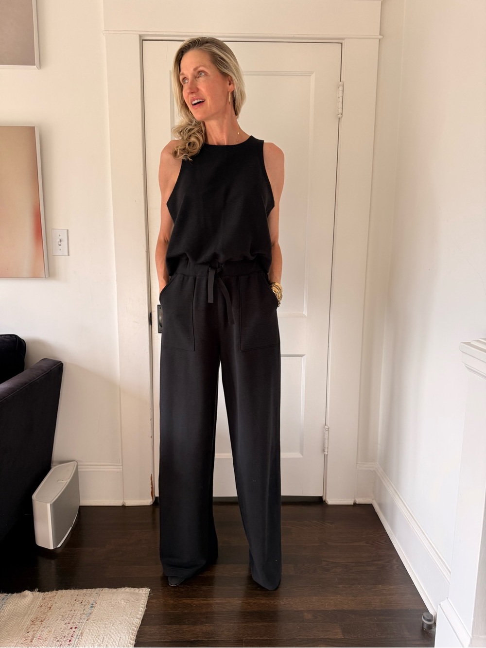 SPANX Black Sleeveless Wide-Leg Jumpsuit with Tie Waist